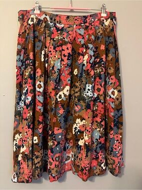 Talbots Petite 12P Floral Pleated Midi Skirt Multicolor Pink Navy Brown